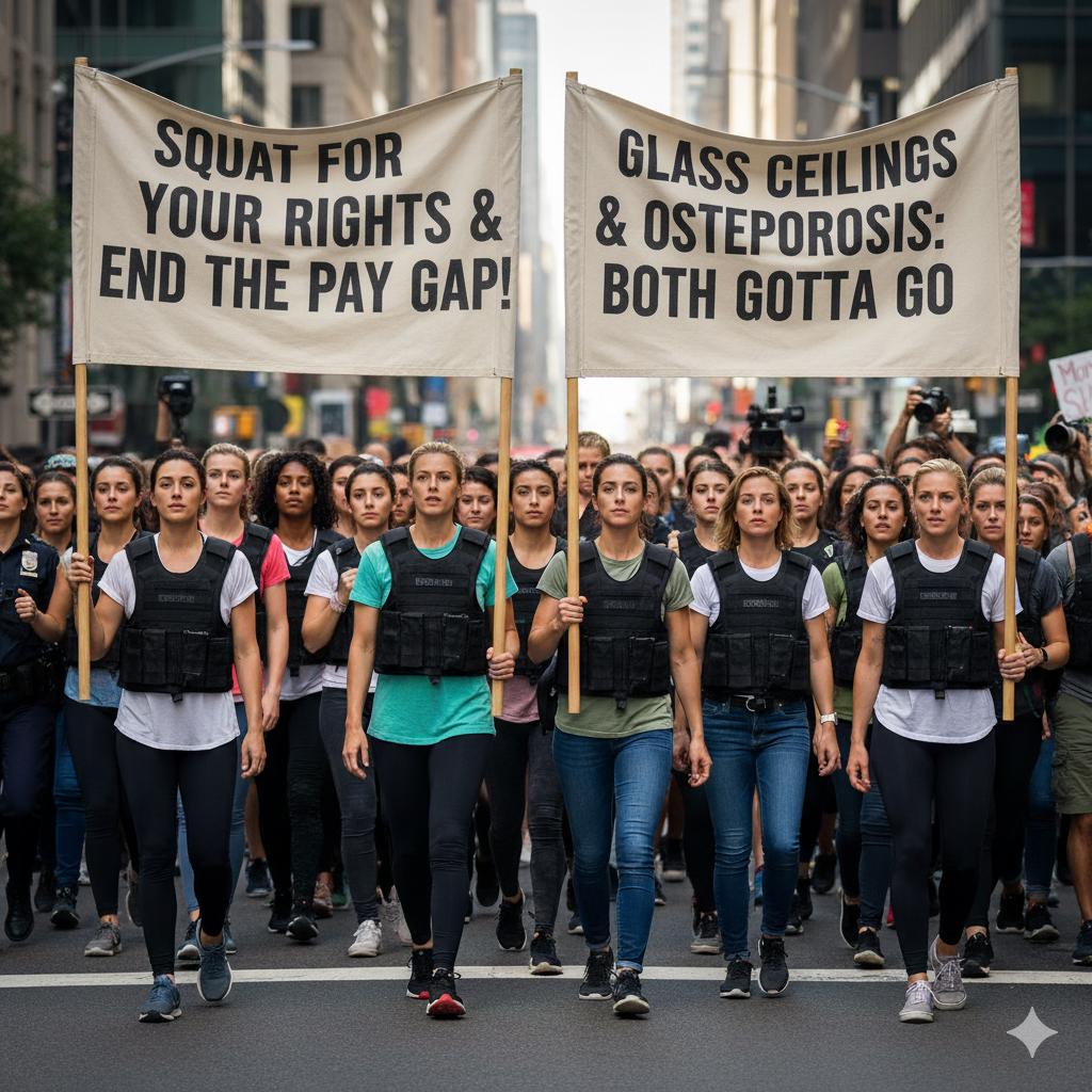 AI generated funny image of woman walking in weighted vests in a women's rights march