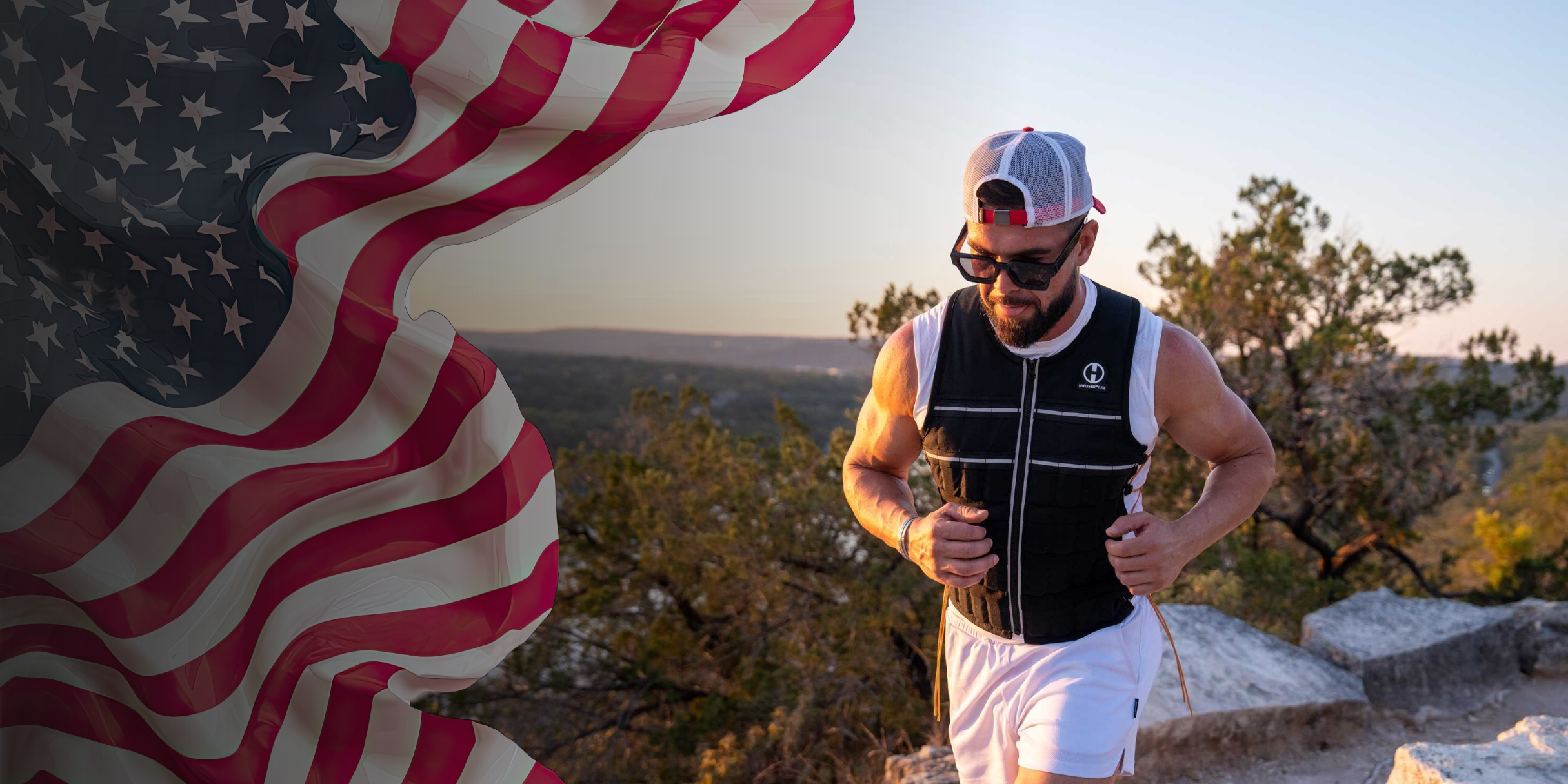 image of an athlete in a Hyper Vest ELITE running on an overlook trail with a US flag added to the background for a MURPH promotion