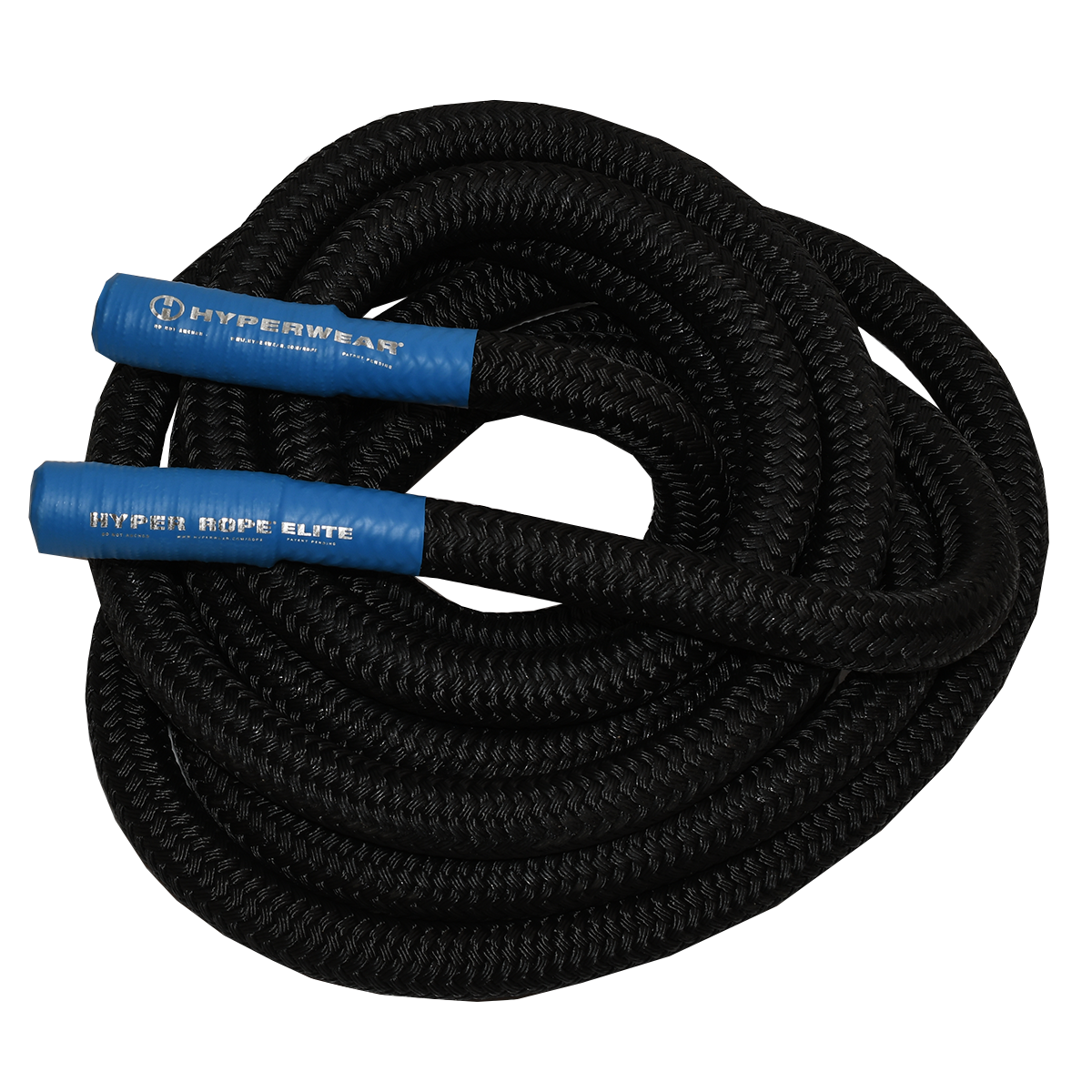 Coiled black hyper rope with blue handles battling rope product image 