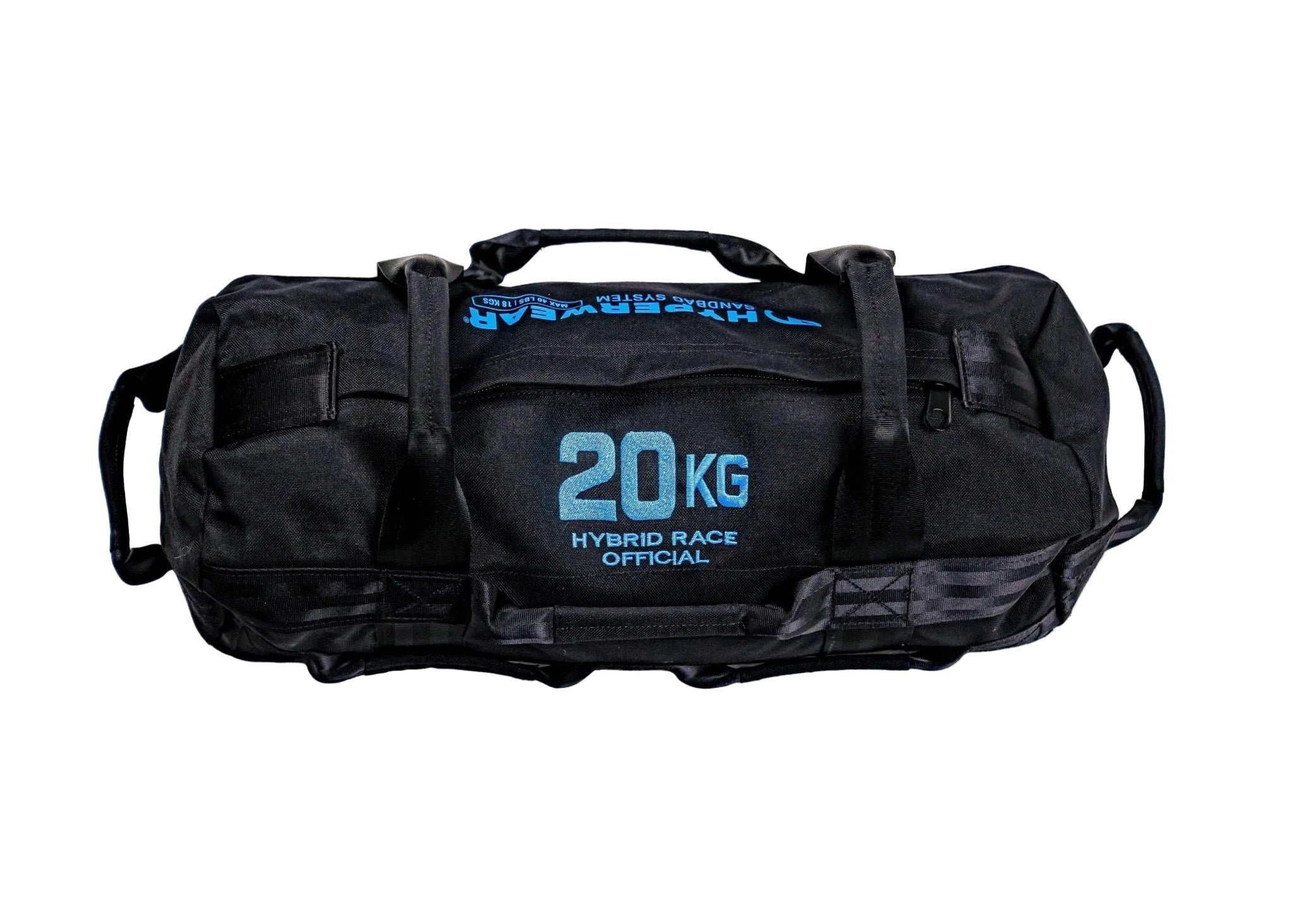 product image of handled workout sandbag for Hyrox race training that includes pre-filled, no-leak, no-dust patented Hyperwear SandBell inside a tough handled sandbag shell at official weights