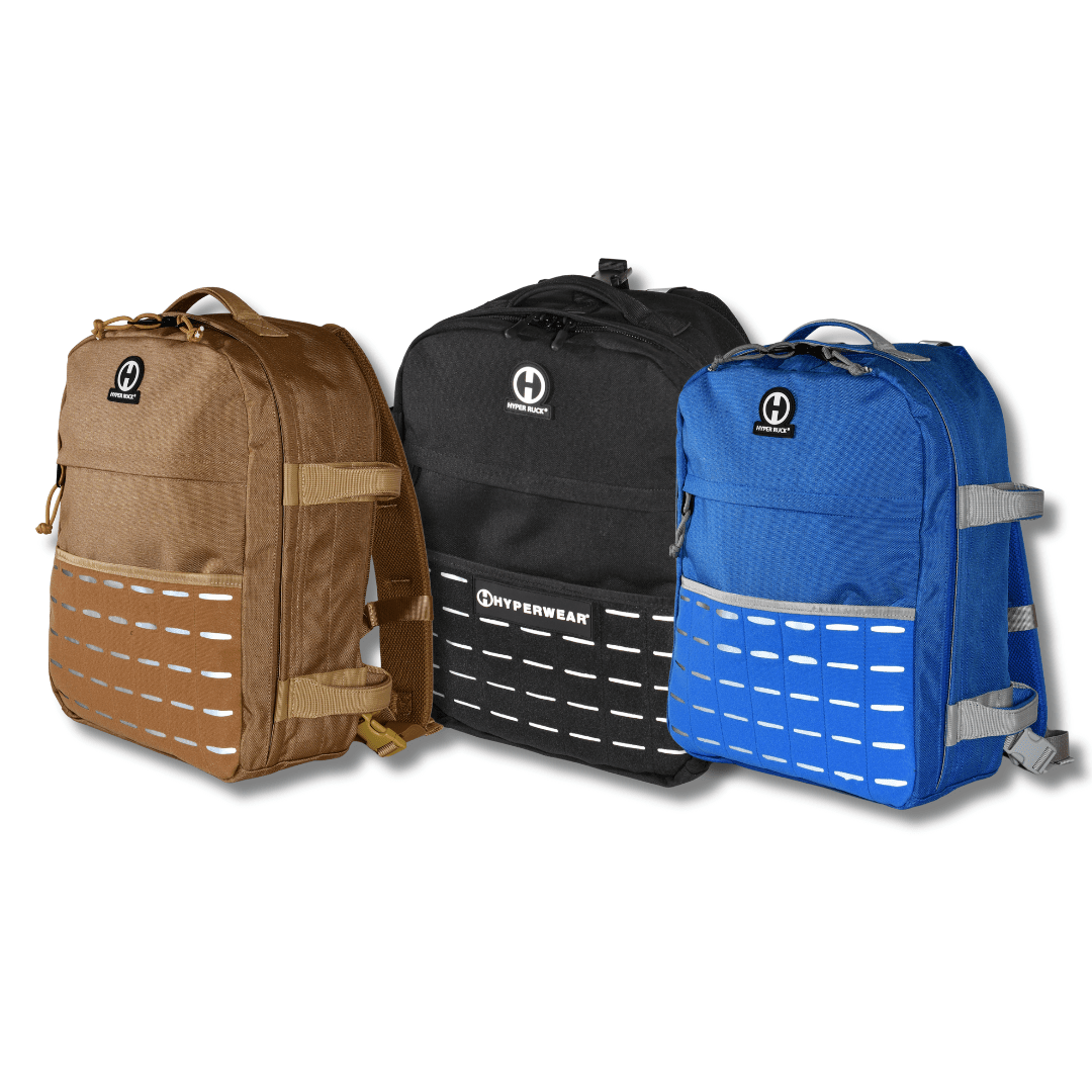Three hyper ruck rucking backpacks in brown, black, and blue on a white background.