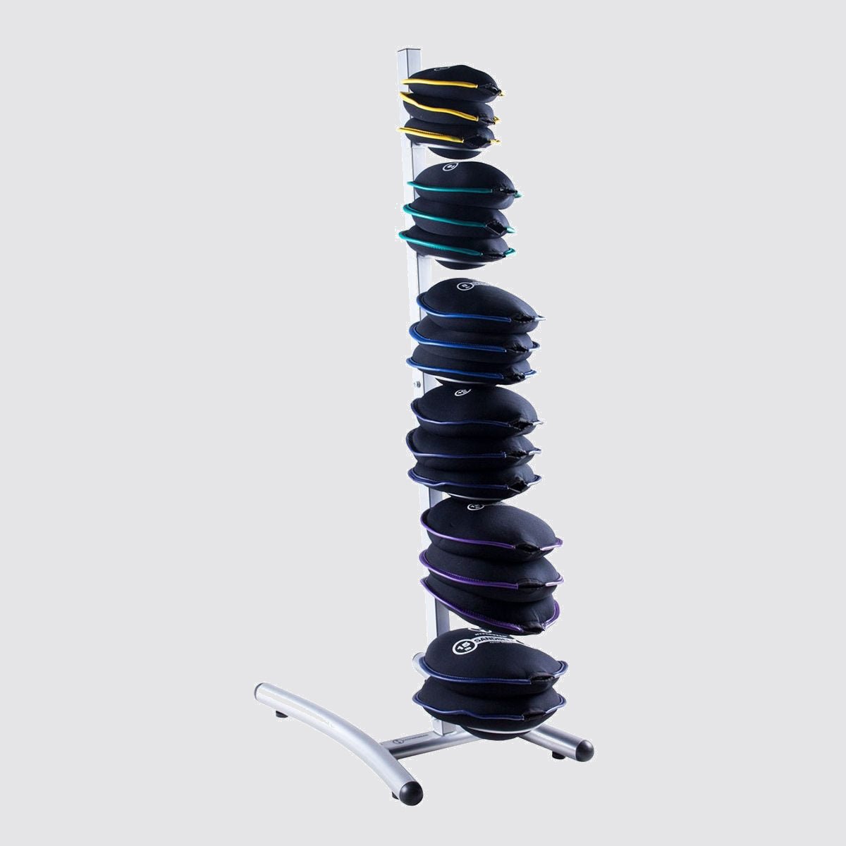 Storage rack with 6 tiers for sandbells, SteelBells, medicine balls