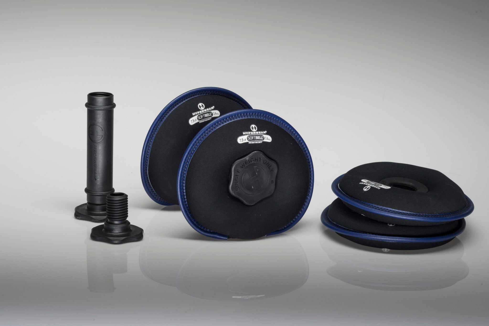 Product picture showing assembled and disassembled soft adjustable dumbbell