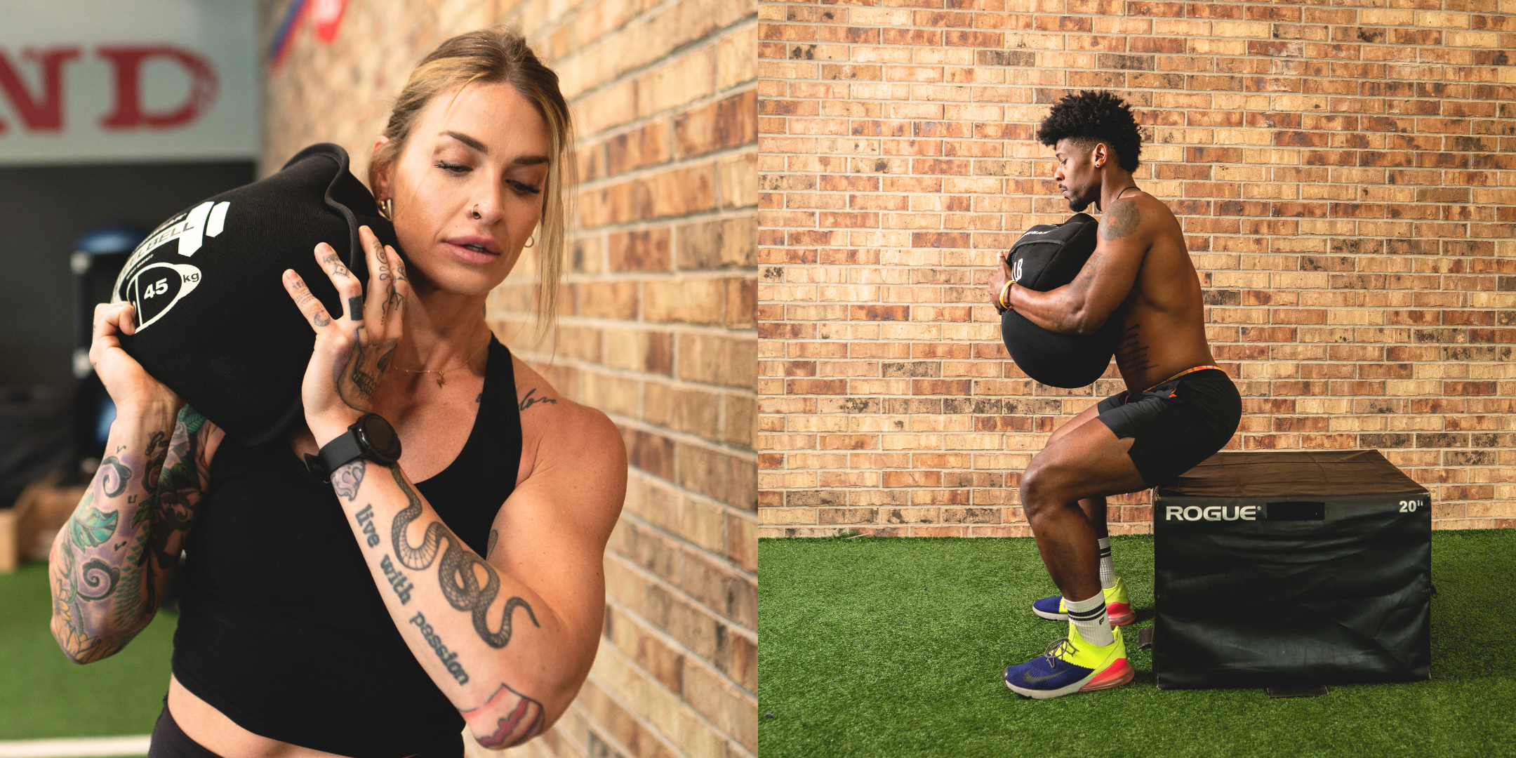 Images of fitness models working out with strongman sandbags and steelbell slam balls