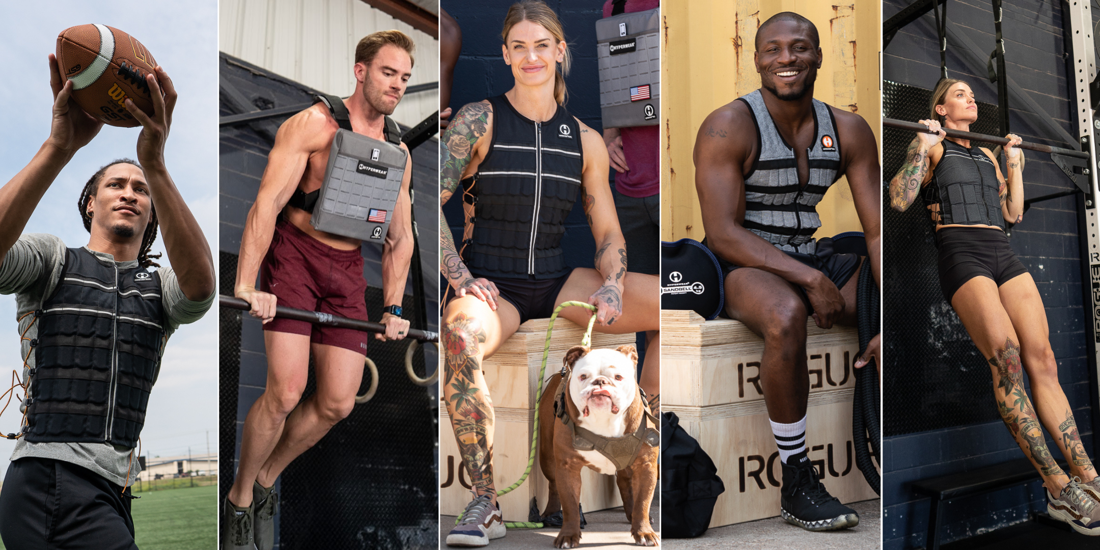 Slide image of fitness models wearing all four models of Hyper Vest weighted vests - Hyper Vest ELITE for football training, Hyper Vest TAC for a Crossfit muscle up, a Hyper Vest PRO for cardio endurance and a Hyper Vest FIT for pull ups