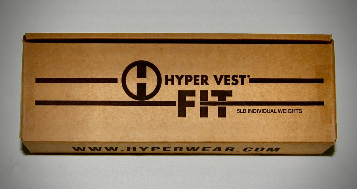 A brown cardboard product box for Hyper Vest FIT 5LB individual weights, featuring the Hyper Wear logo and website printed on the front.