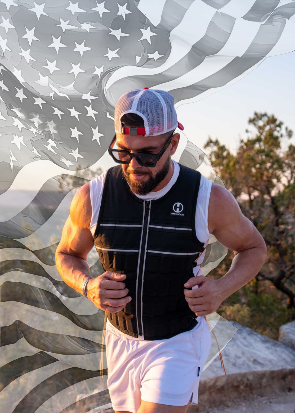 image of an athlete in a Hyper Vest ELITE running on an overlook trail with a US flag added to the background for a MURPH promotion