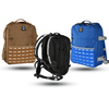 Versatile Hyperwear rucking backpack shown in blue, coyote brown, and black colorways with wide padded shoulder straps, reflective safety elements, and stowable handles. Features padded sleeves to hold weight plates or laptops, included waist strap, and robust MOLLE webbing for dual-purpose fitness and everyday use. Shown worn outdoors on a rugged hiking trail.