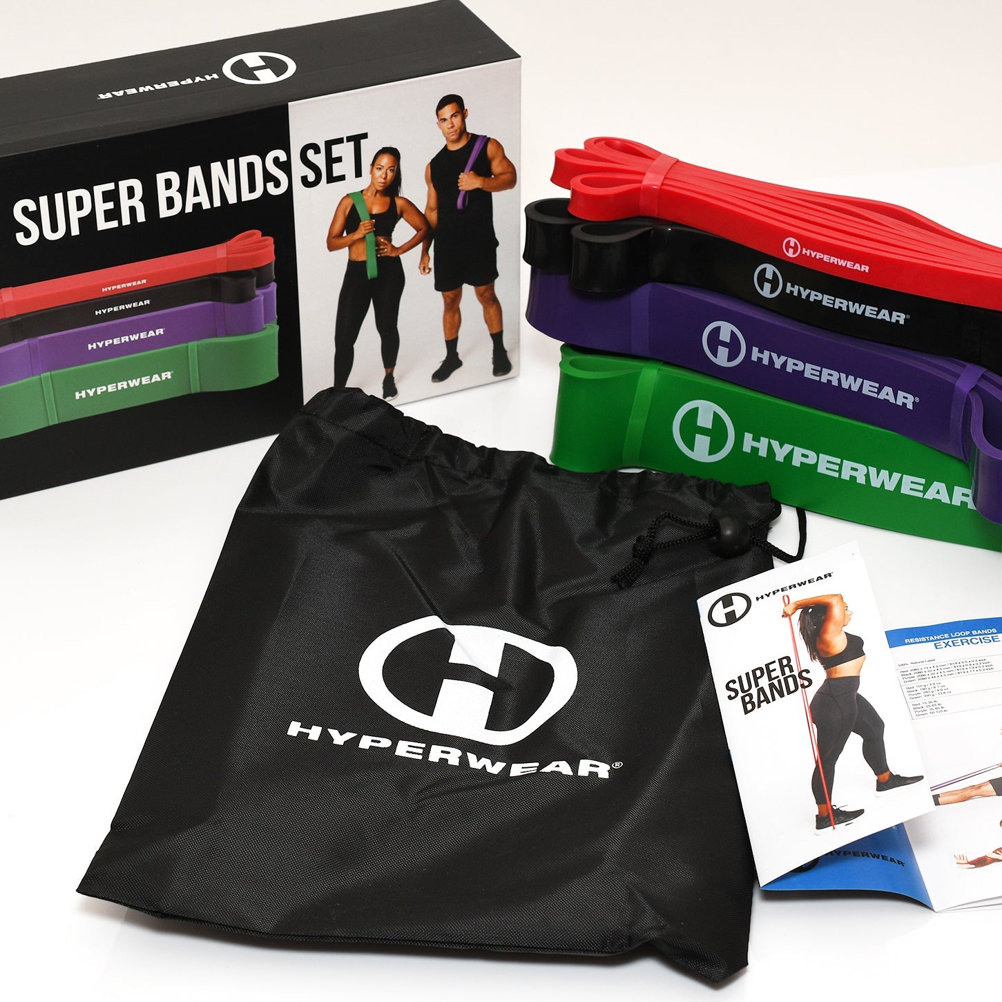 Product photo of a set of red, black, purple, green pull-up assist bands or super bands set including box, bag and exercise pamphlet