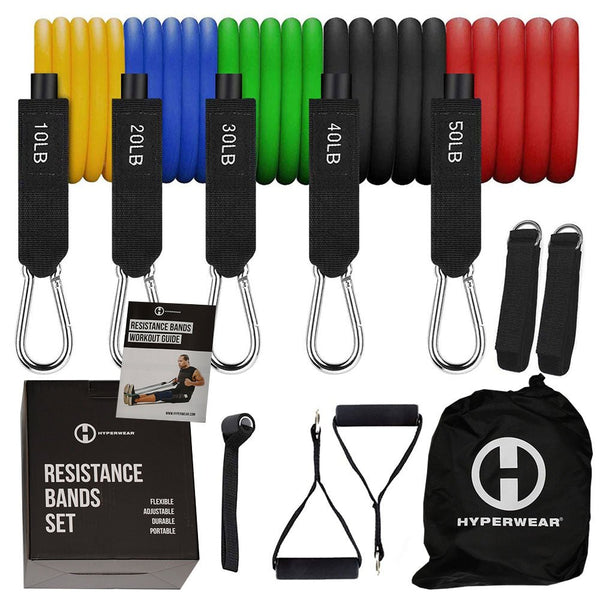 product image of hyperwear set of resistance band tubes in 5 sizes and colors with included handles, wall anchor, ankle attachments, bag and exercise booklet