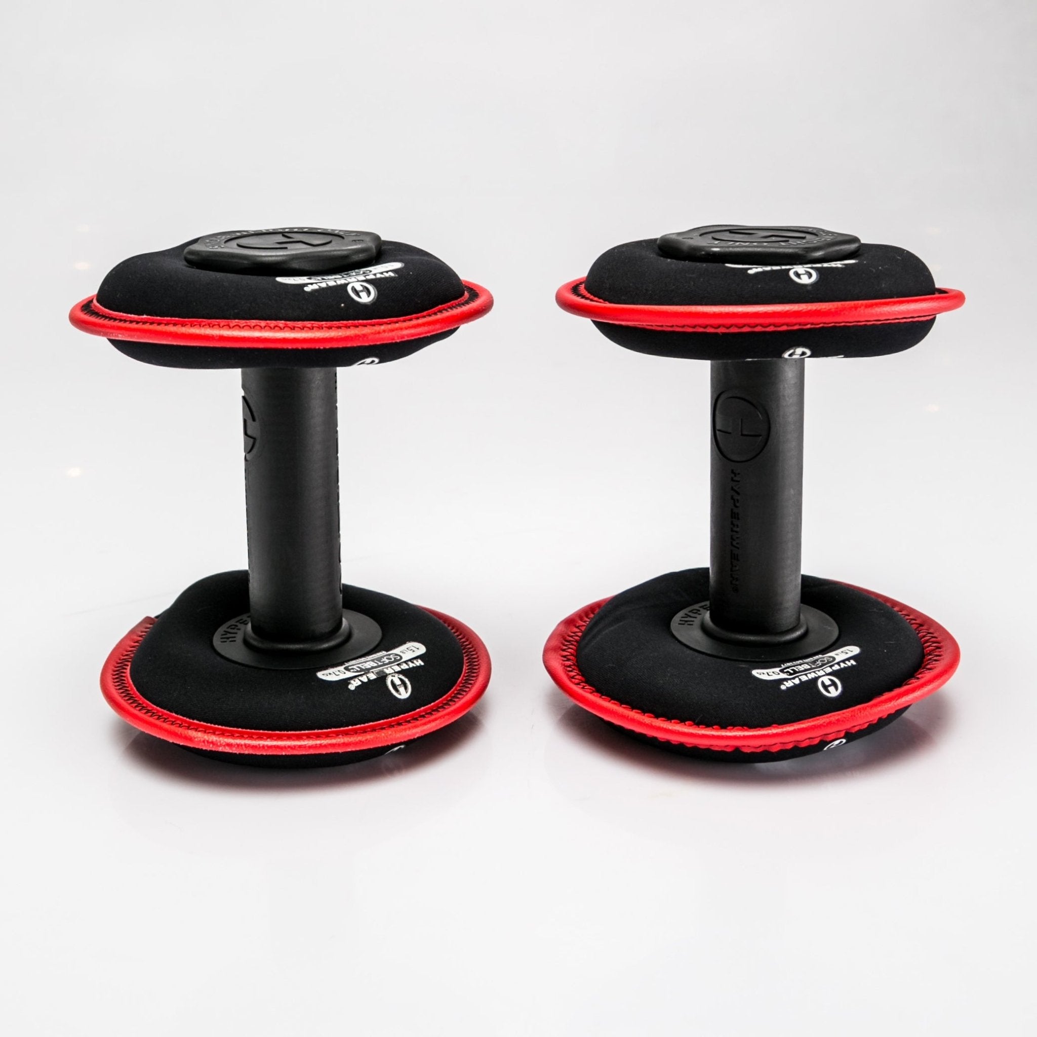 Product image of a pair of hyperwear softbell adjustable soft dumbbells standing upright 